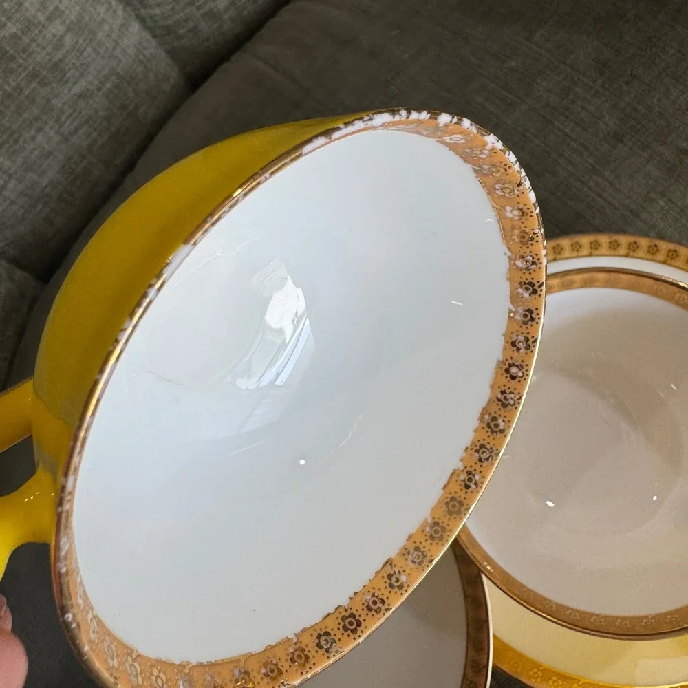 VTG Teavana Noble Poppy Tea Pot 4 Cups Saucers Yellow 14k Gold Fine Bone China
